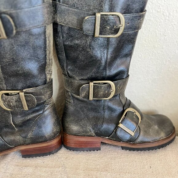 Gee WaWa Anthropology Black Distressed Leather Moto Knee Boots Sz 7 - Picture 8 of 11